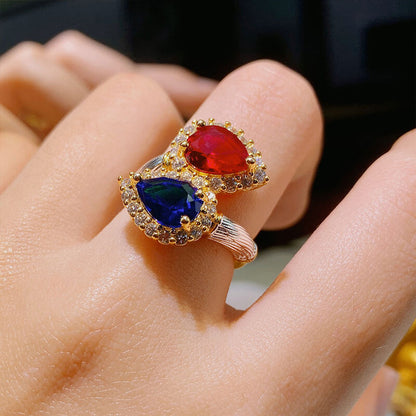 Antique Brushed Two-Tone Gold Imitation Ruby and Sapphire Ring