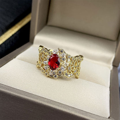 Buccillati Craft Retro Literary and Art Palace Hollow Imitation Ruby Ring