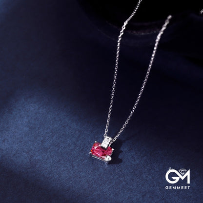 S925 Silver Rectangular Single Rose Red Zircon Necklace