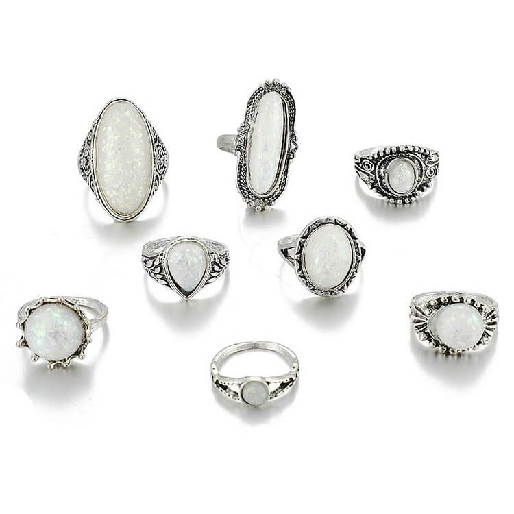 Round Oval Opal 8-Piece Ring Set