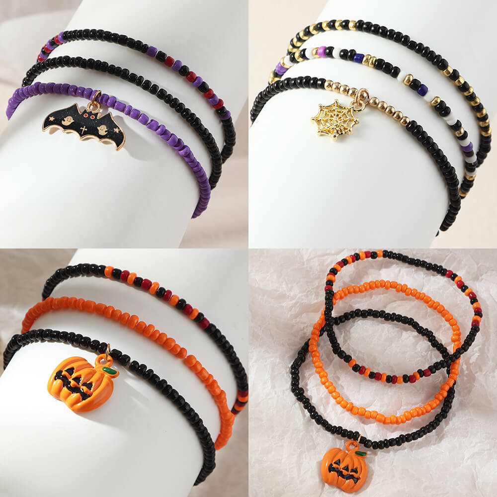 Halloween Hand Wear Mixed Color Rice Bead Pumpkin Bat Bracelet