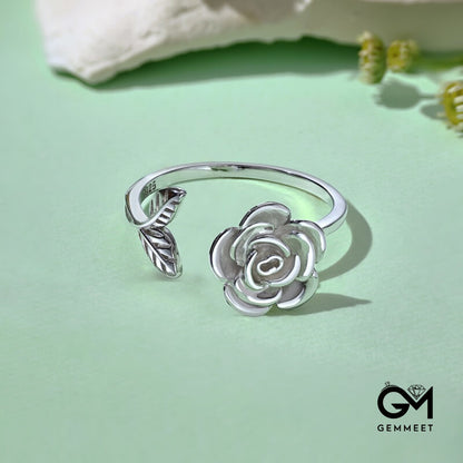 S925 Sterling Silver Rose Leaf Flower Ring