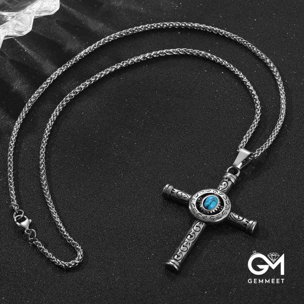 Stainless Steel Noble Scepter Cross Turquoise Necklace