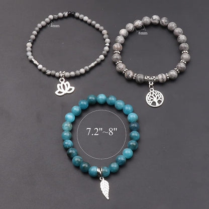 Lotus Life of Tree & Leaf Symbol Blue & Grey Stones Bracelet