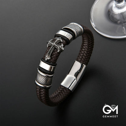 Titanium Steel Cross Leather Braided Magnetic Buckle Men's Bracelet