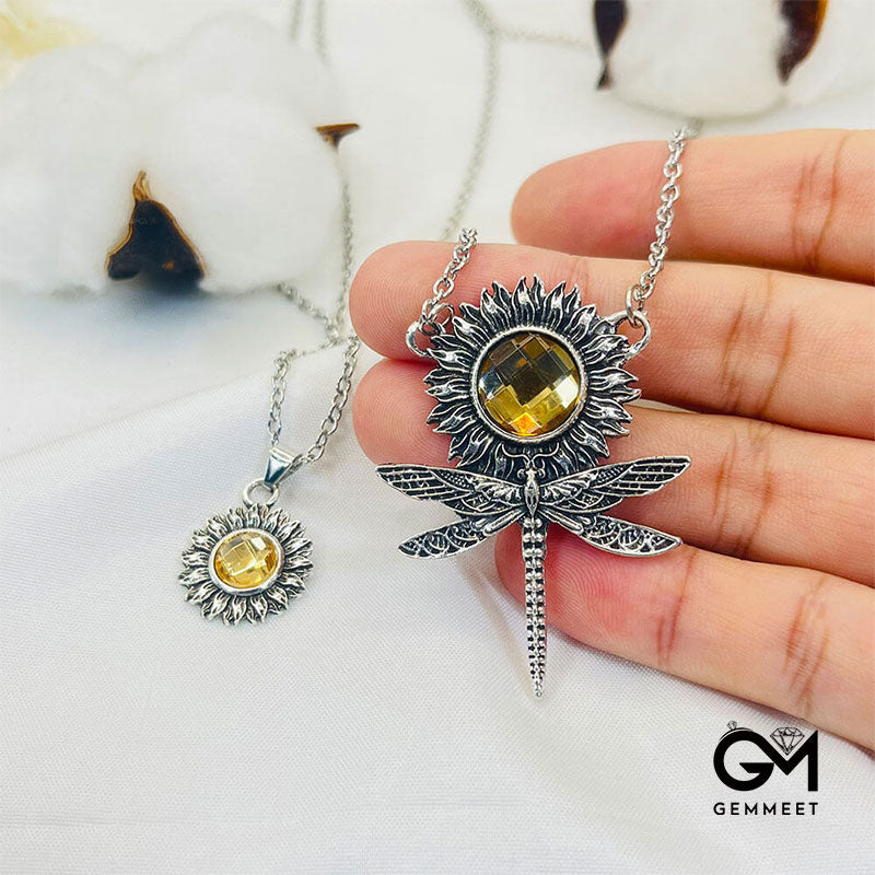 Creative Sunstone Dragonfly Sunflower Pendant Necklace