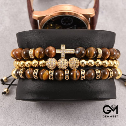 3Pcs/Set Tiger Eye Stone Beaded Men Cross Bracelet