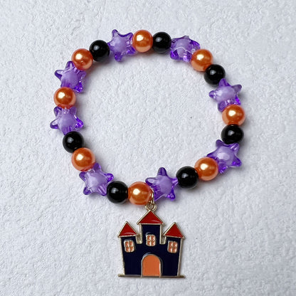 Halloween Pumpkin Bat Bracelet Acrylic Faux Pearl Orange Line Bracelet