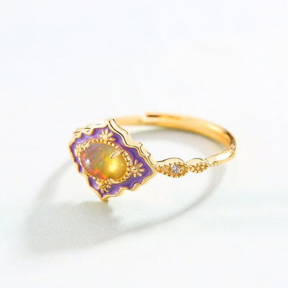 Opal Vintage Open Adjustable Enamel Gold Ring