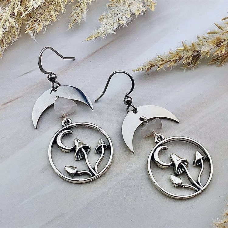 Natural Crystal Moon Mushroom Pendant Earrings