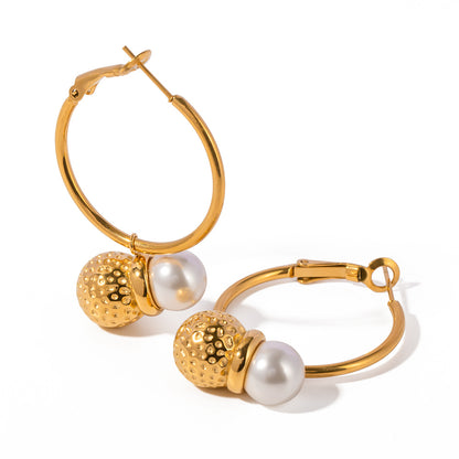 Gold Stainless Steel Pearl Ball Pendant Earrings