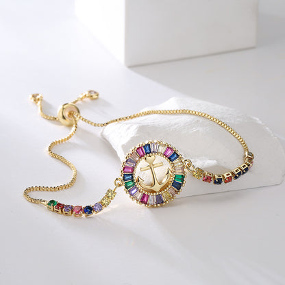 Hollow Halo Colors Stones Ship Anchor Pendant Bracelet