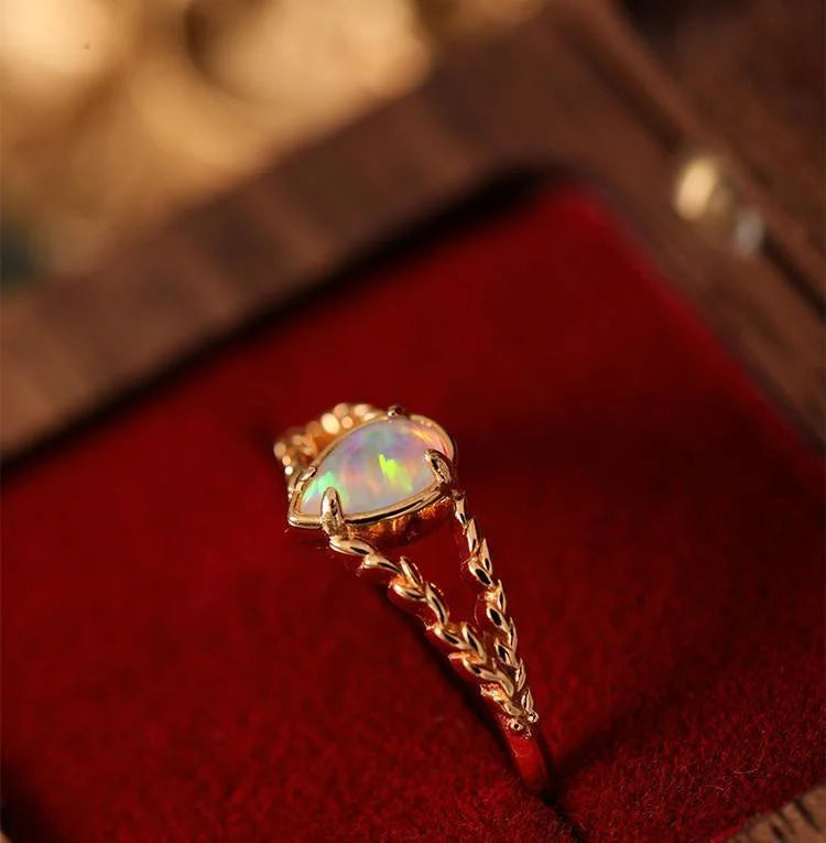 Opal Stone Gold Hollow Wheat Ring