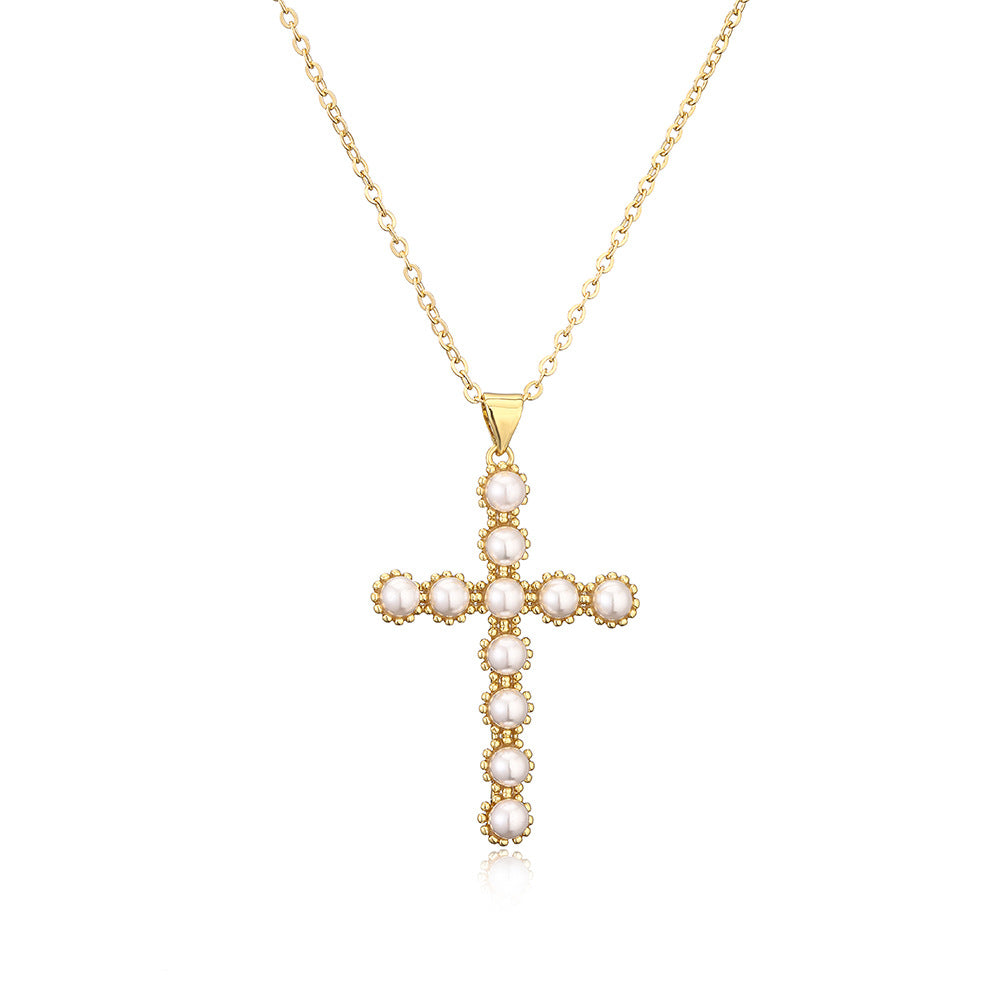 Full Pearls Cross Shape Pendant Necklace