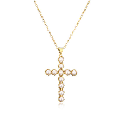 Full Pearls Cross Shape Pendant Necklace