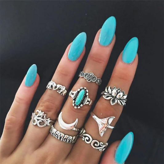 Turquoise Lotus Symbol Ring Set