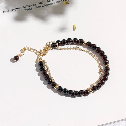 Garnet Beaded Metal Chain Double Layer Bracelet