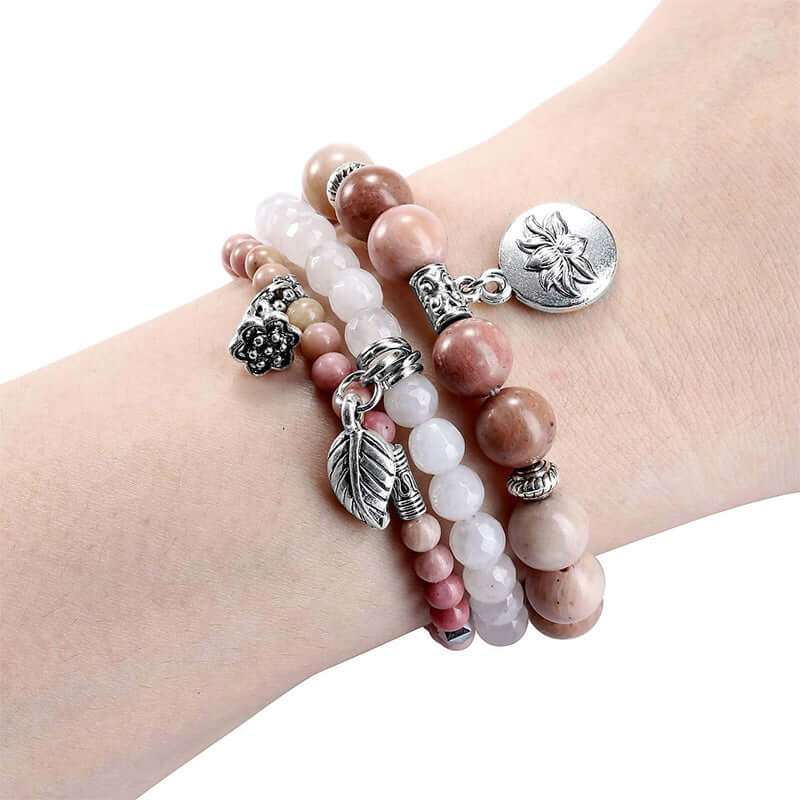 Rhodochrosite Lotus Symbol 3 - Piece Bracelet