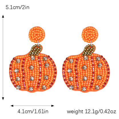 Halloween Handmade Rice Beads Inlaid Zircon Pumpkin Earrings for Women