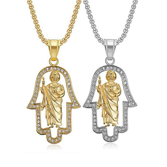 Hiphop Gold-plated Money Inlaid Zircon St. Jude Hand of Fatima Pendant