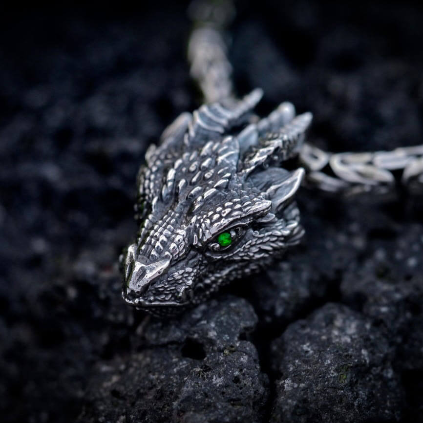 Viking Green Eye Dragon Skull Necklace