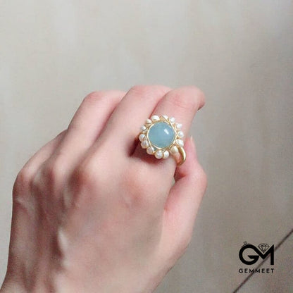 Aquamarine With Pearl Retro Ring