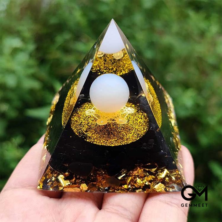 White Agate Sphere with Obsidian Orgone Pyramid