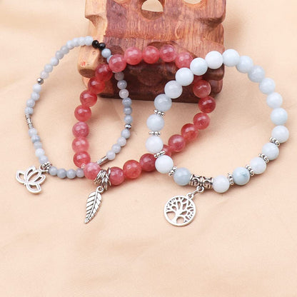 Life of Tree Lotus & Leaf Symbol Rose Quartz & Aquamarine Bracelet