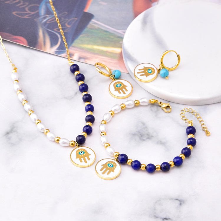 Pearl Lapis Lazuli Turquoise Necklace Bracelet Earrings Set