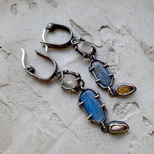 Oval Moonstone Sapphire Ethnic Witch Earrings