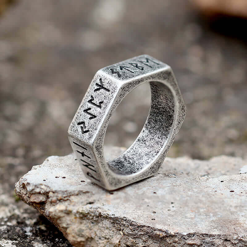 Viking Runes Hexagon Stainless Steel Geometric Ring