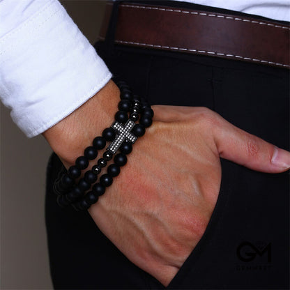 Alloy Cross Black Agate Beaded Bracelet