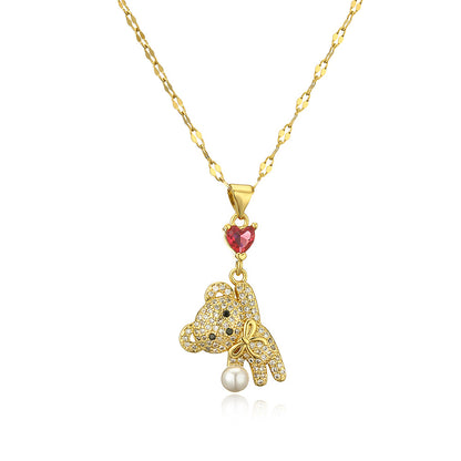 Cut Full Stones Bear Pendant Necklace