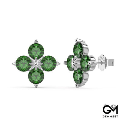 S925 Sterling Silver Four-leaf Clover Octet Star Green Zircon Earrings