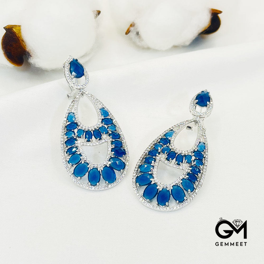 Pear-Shaped Center Hollow Blue Stone Pendant Earrings