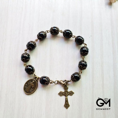 Obsidian Holy Medal Cross Pendant Rosary Bracelet