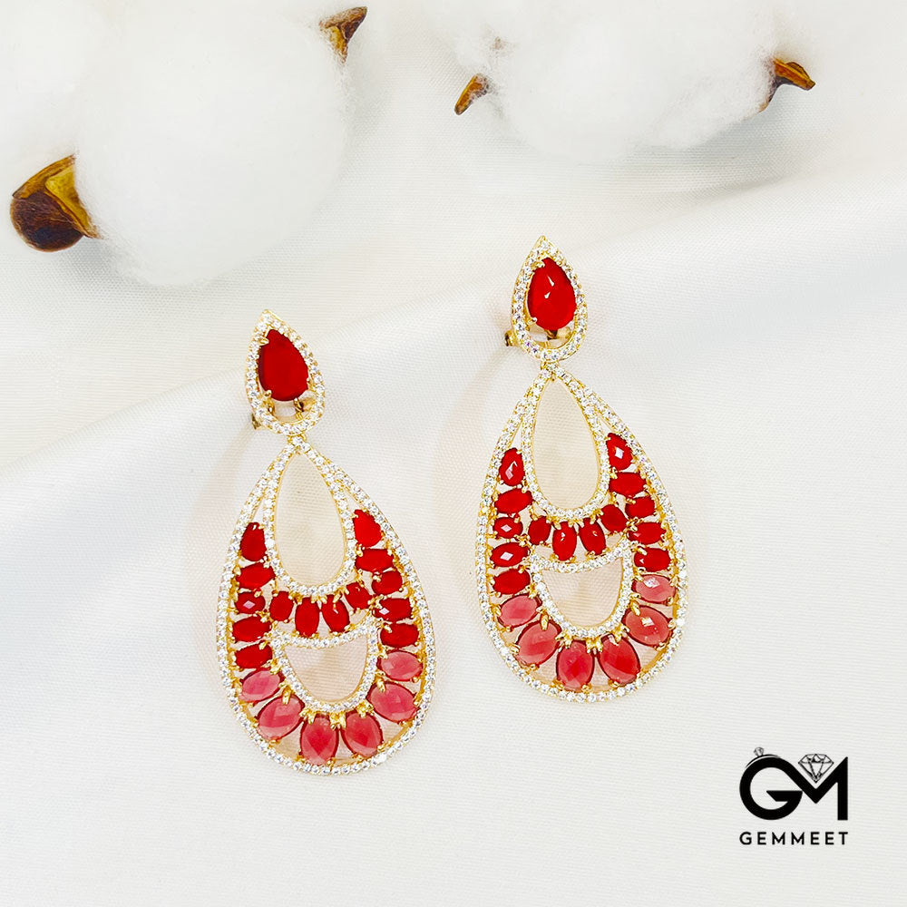 Pear-Shaped Center Hollow Red Stone Pendant Earrings