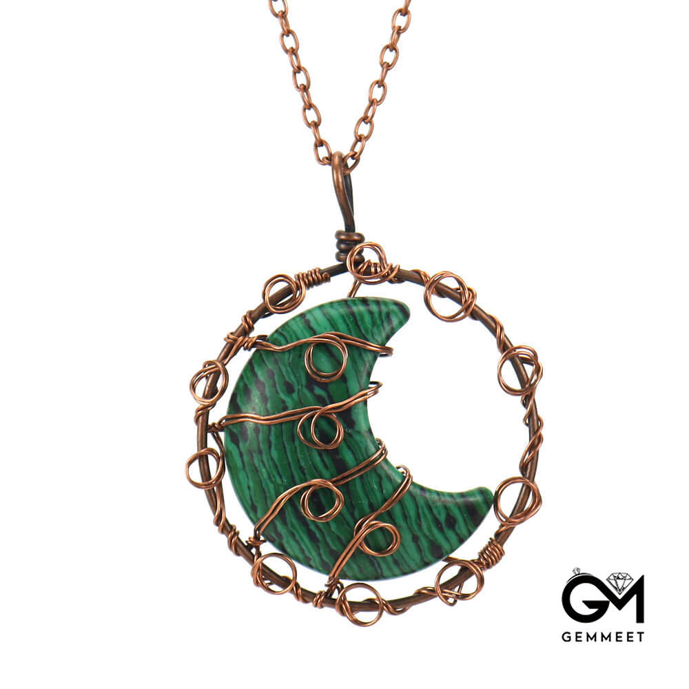 Copper Wire Crystal Moon Pendant Necklace