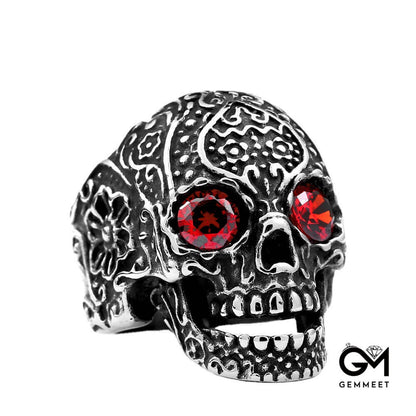 Titanium Steel Inlaid with Zircon Carved Skull Ring