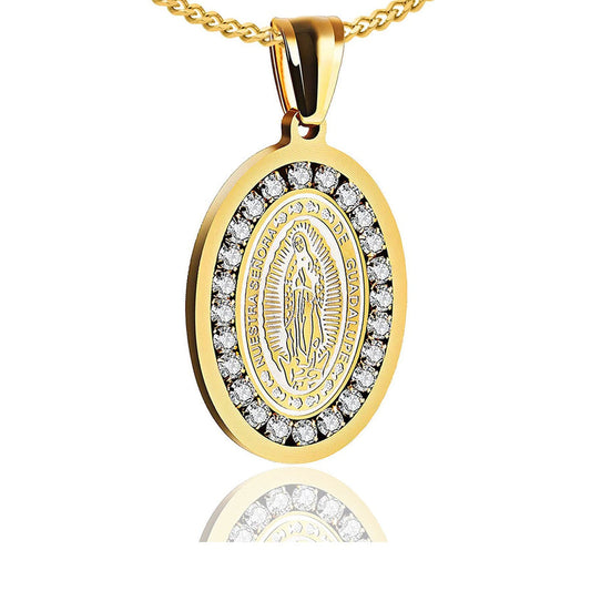 Stainless Steel Santa Maria Guadalupe Pendant Crystal Necklace