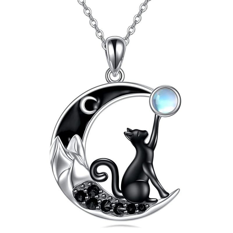 Moonstone Black Cat Moon Pendant Necklace