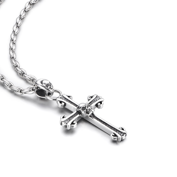 Cross Sterling Silver Skull Pendants Necklace