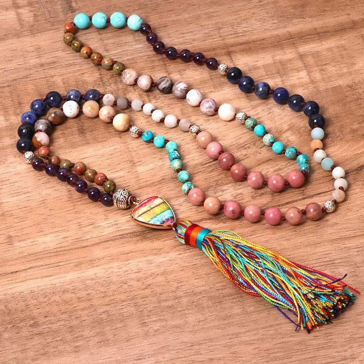 Gorgeous Natural Stones Chakra Triangle Pendant Mala Necklace