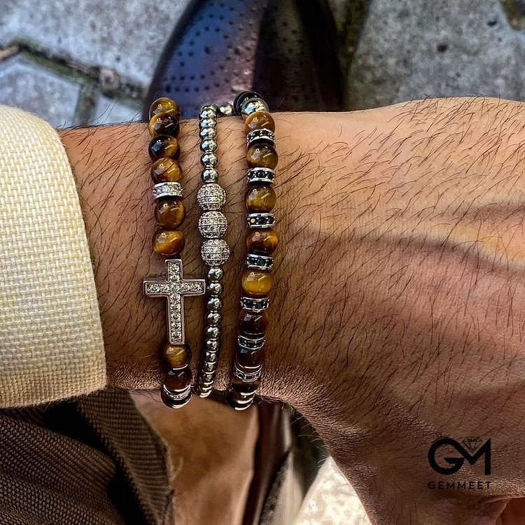 3Pcs/Set Tiger Eye Stone Beaded Men Cross Bracelet