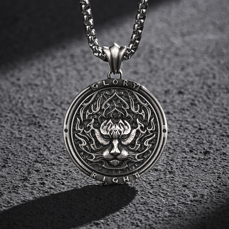 Round Flame Tiger Head Sterling Silver Pendants Necklace