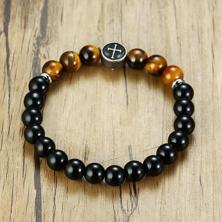 8mm Natural Tiger Eye Beaded Men Cross Bracelet