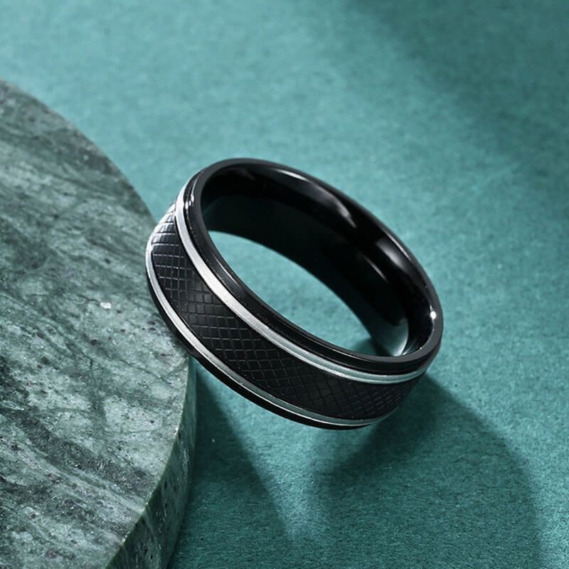 Men's Stainless Steel Diamond Pattern Black Ring