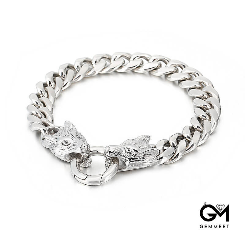 Titanium Steel Wolf Head Ring Buckle Bracelet