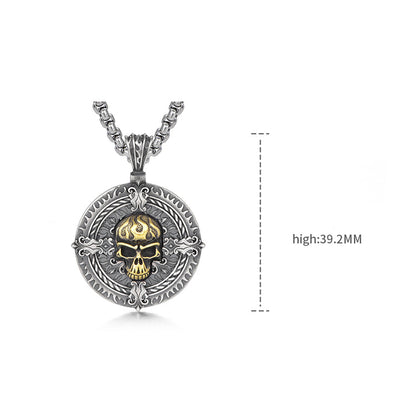 Round Golden Skull Pattern Sterling Silver Pendants Necklace