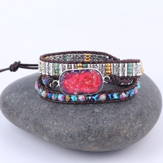 Dual Color Imperial Stone Multi-Layer Braided Leather Wrapped Bracelet